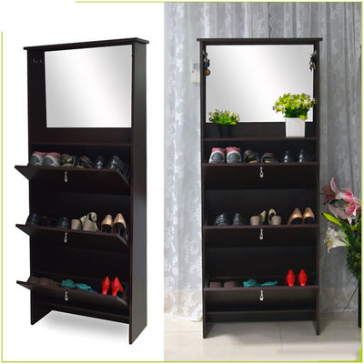 Living Room 28KG Melamine MDF Mirrored Shoe Cabinet With Hooks